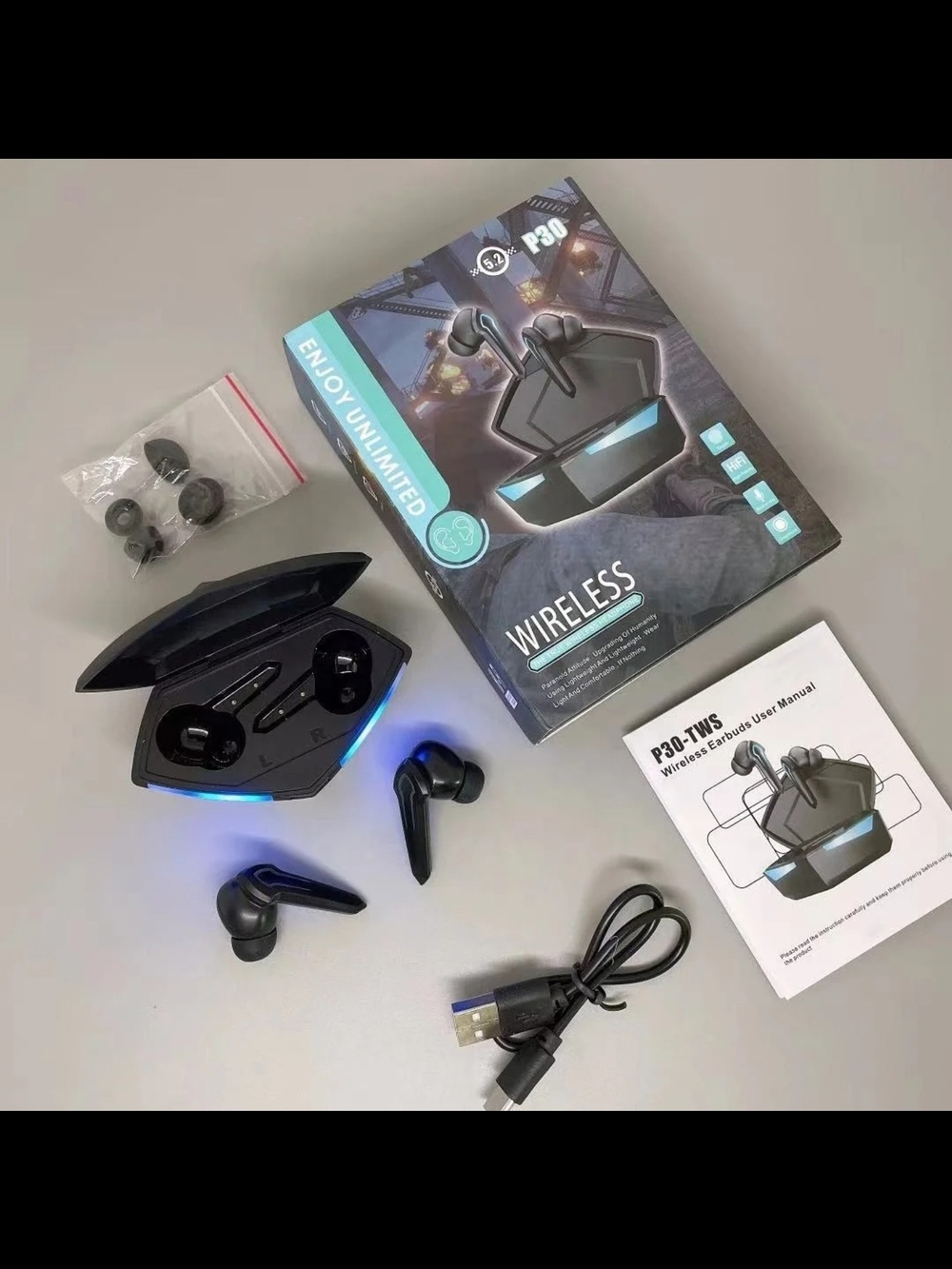Wireless Bluetooth Earbuds with LED Charging Case - Black